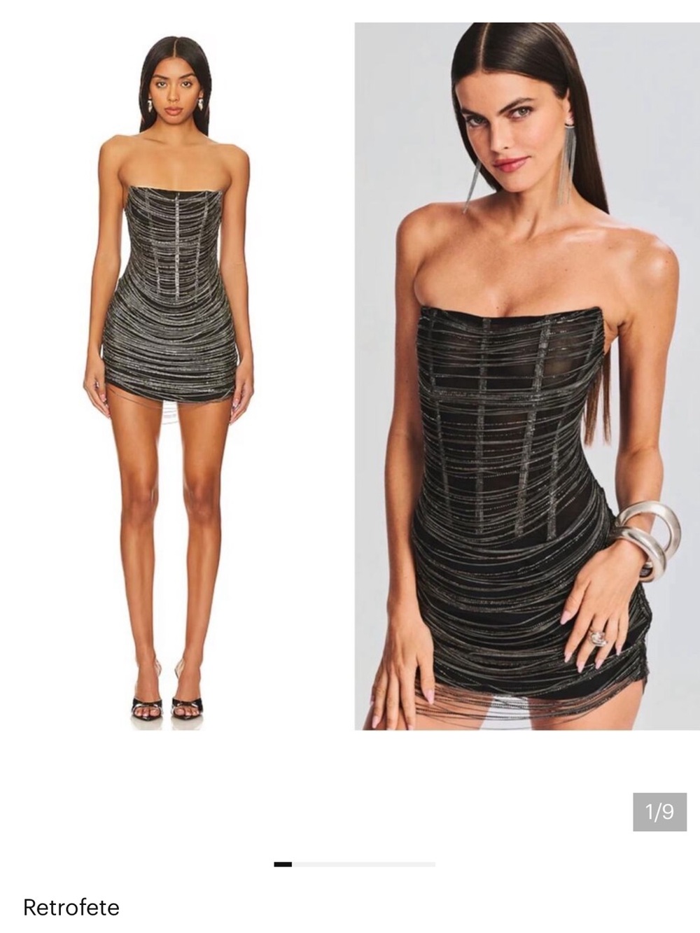 NWT Retrofete Bianca Strapless Metal and Rhinestone Mini Dress in Black & Silver